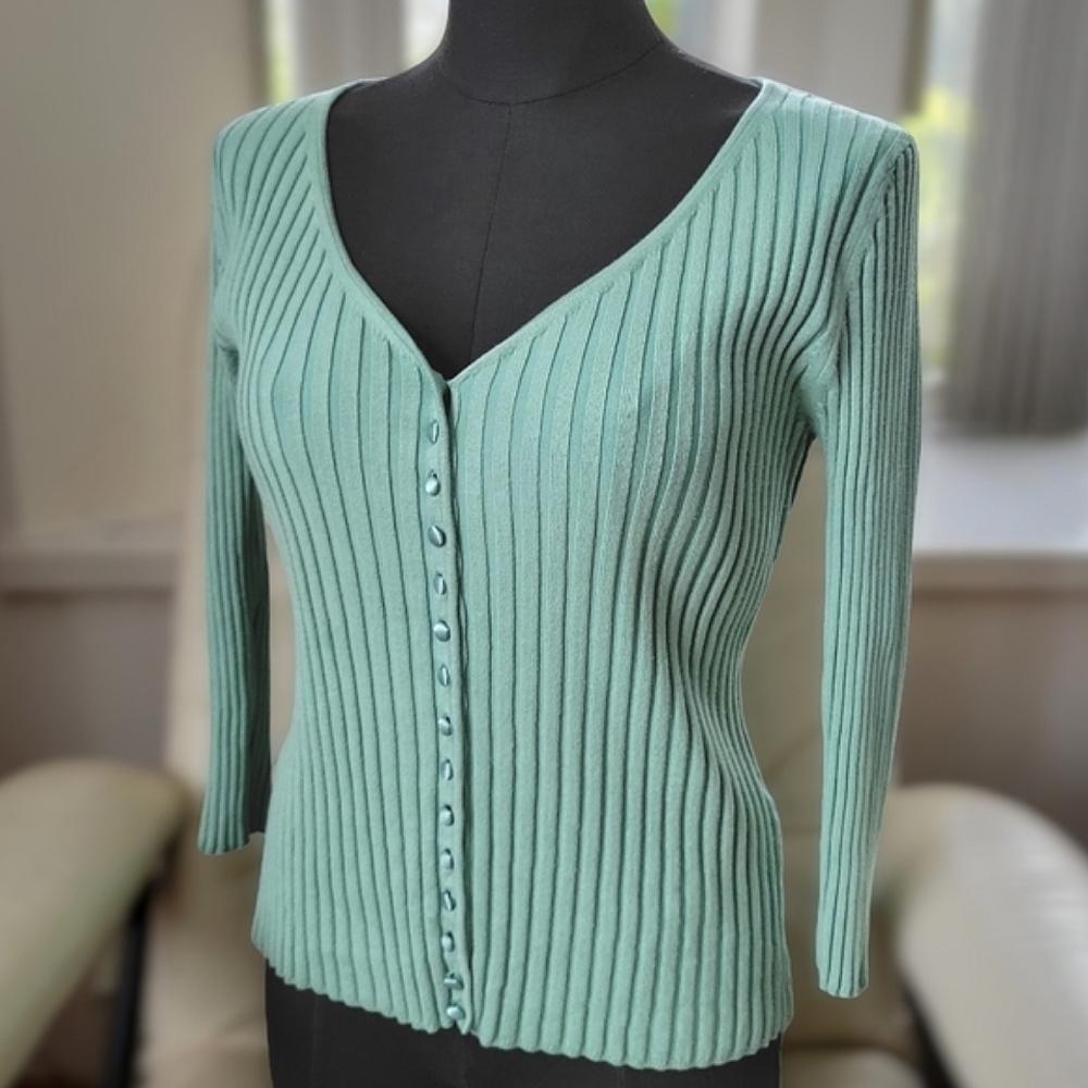 ☆Last Chance!☆ Vtg Y2K Planet mint green rib knit v-neck long sleeve cardigan